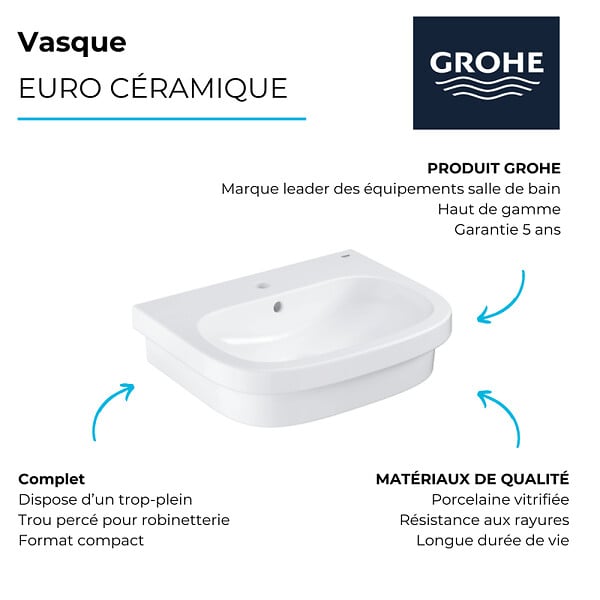 GROHE - Vasque à poser Euro Ceramic 60cm + Mitigeur lavabo M Swift Chromé - large