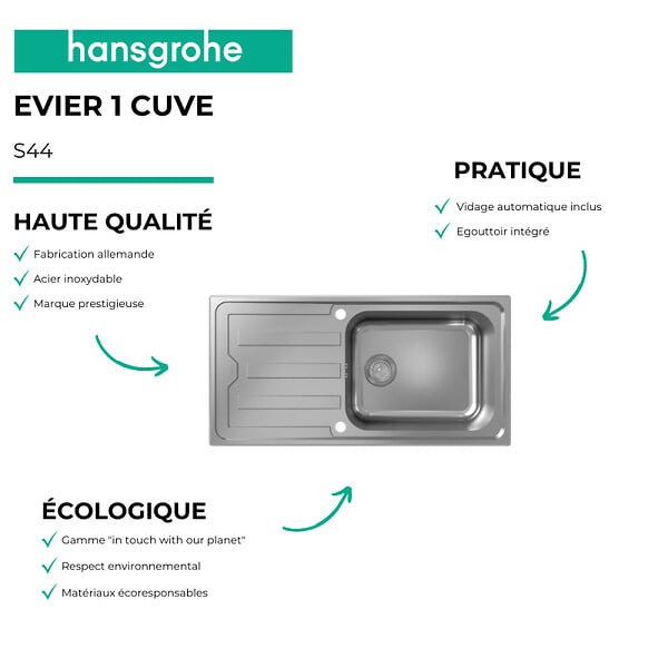 HANSGROHE - Evier 1 bac S44 inox + robinet de cuisine Vernis Blend M35 210 chromé - large