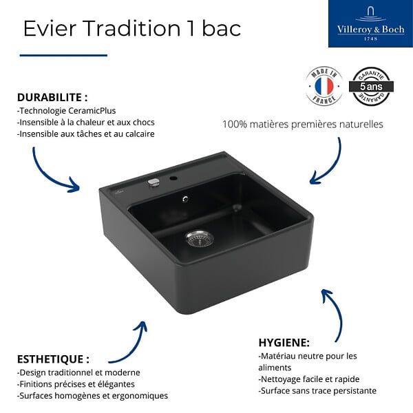 VILLEROY ET BOCH - Evier timbre office 1 bac Villeroy et Boch Tradition Pure Black avec vidage automatique - large
