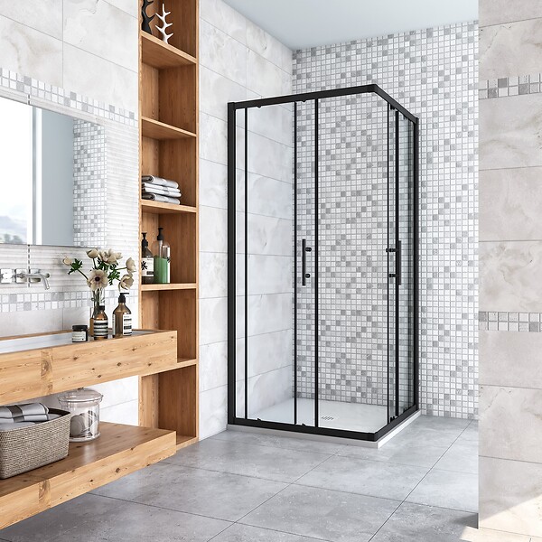AICA SANITAIRE - Cabine de douche  coulissante 90x90x200cm profilé noir mat, accès en angle - large