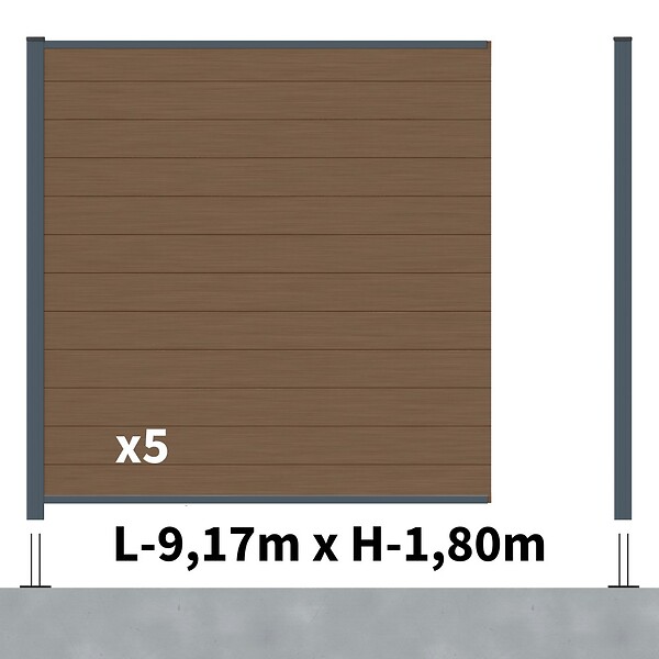 DECKLINEA - Kit Clôture Composite RIO Bronze 9x1,8m - Bois composite & Aluminium - Poteaux sur Platines Gris - Brise vue - large