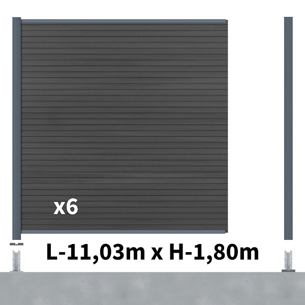 DECKLINEA - Kit Clôture Composite SANTOS Ardoise 11x1,8m - Bois composite & Aluminium - Poteaux sur Platines Gris - Brise vue - Palissade - large