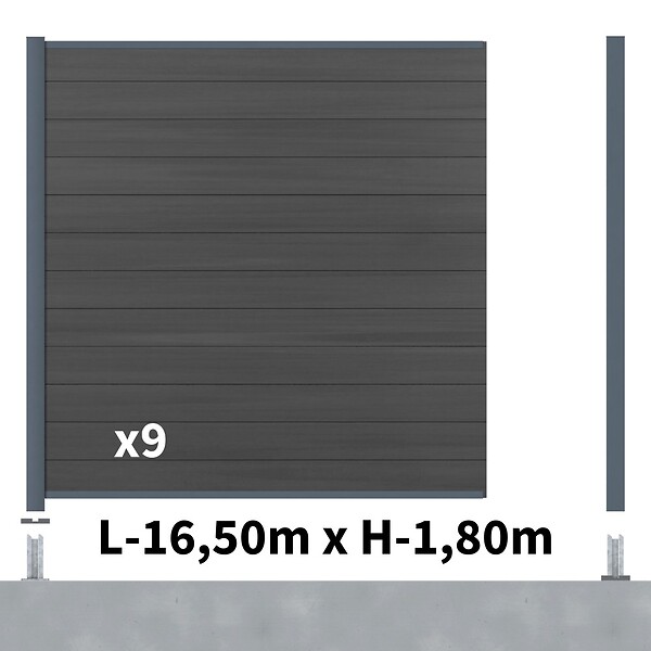 DECKLINEA - Kit Clôture Composite CRUZ Ardoise 16,5x1,8m - Bois composite & Aluminium - Poteaux sur Platines Gris - Brise vue - Palissade - large