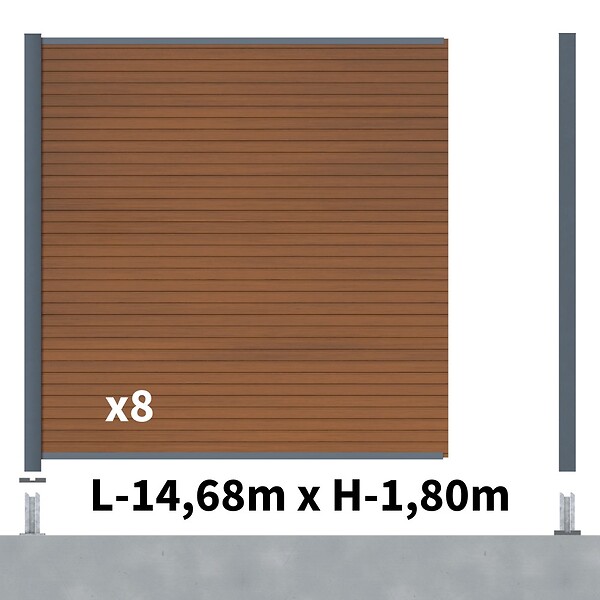 DECKLINEA - Kit Clôture Composite SANTOS Teck 14,5x1,8m - Bois composite & Aluminium - Poteaux sur Platines Gris - Brise vue - Palissade - large