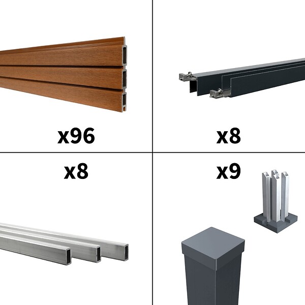 DECKLINEA - Kit Clôture Composite SANTOS Teck 14,5x1,8m - Bois composite & Aluminium - Poteaux sur Platines Gris - Brise vue - Palissade - large