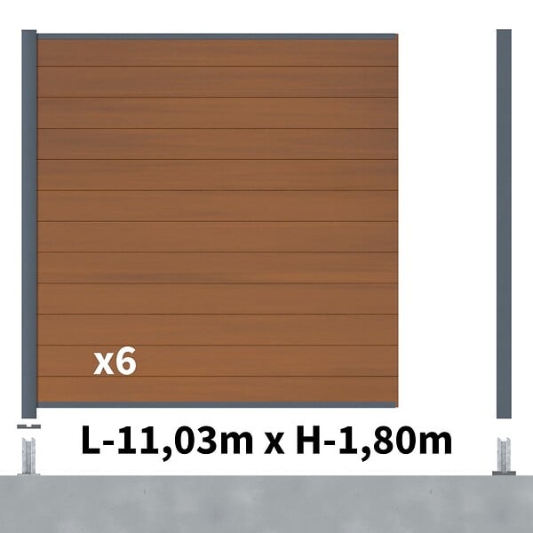 DECKLINEA - Kit Clôture Composite CRUZ Teck 11x1,8m - Bois composite & Aluminium - Poteaux sur Platines Gris - Brise vue - Palissade - large