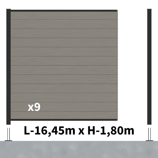 DECKLINEA - Kit Clôture Composite RIO Platines 16,5x1,8m - Bois composite & Aluminium - Poteaux Noir sur Platines - Brise vue - large