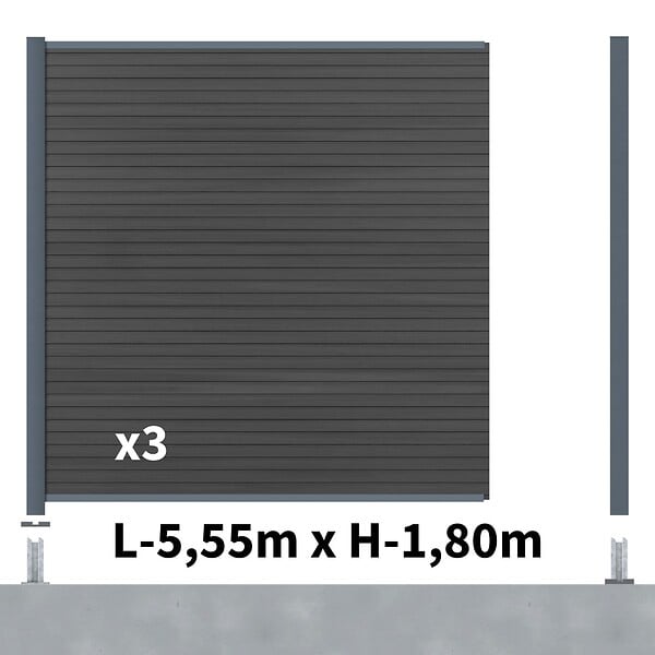DECKLINEA - Kit Clôture Composite SANTOS Ardoise 5,5x1,8m - Bois composite & Aluminium - Poteaux sur Platines Gris - Brise vue - Palissade - large