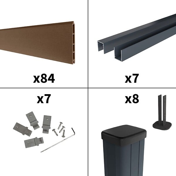 DECKLINEA - Kit Clôture Composite RIO Bronze 13x1,8m - Bois composite & Aluminium - Poteaux sur Platines Gris - Brise vue - large