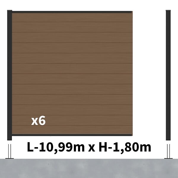 DECKLINEA - Kit Clôture Composite RIO Bronze 11x1,8m - Bois composite & Aluminium - Poteaux sur Platines Noir - Brise vue - large