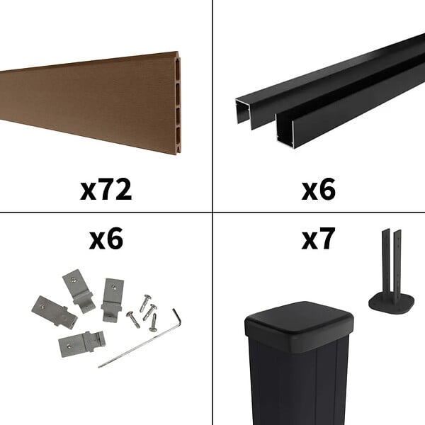 DECKLINEA - Kit Clôture Composite RIO Bronze 11x1,8m - Bois composite & Aluminium - Poteaux sur Platines Noir - Brise vue - large