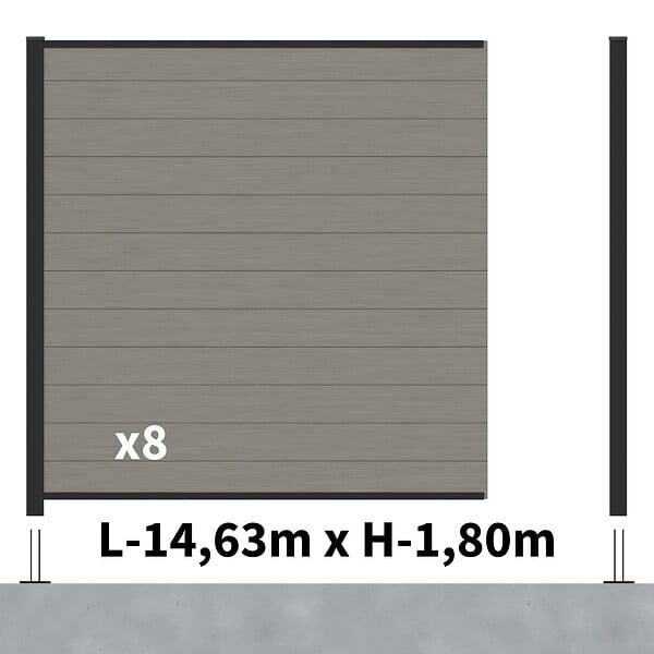 DECKLINEA - Kit Clôture Composite RIO Platines 14,5x1,8m - Bois composite & Aluminium - Poteaux Noir sur Platines - Brise vue - large