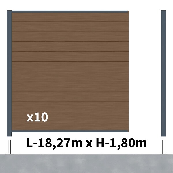 DECKLINEA - Kit Clôture Composite RIO Bronze 18x1,8m - Bois composite & Aluminium - Poteaux sur Platines Gris - Brise vue - large