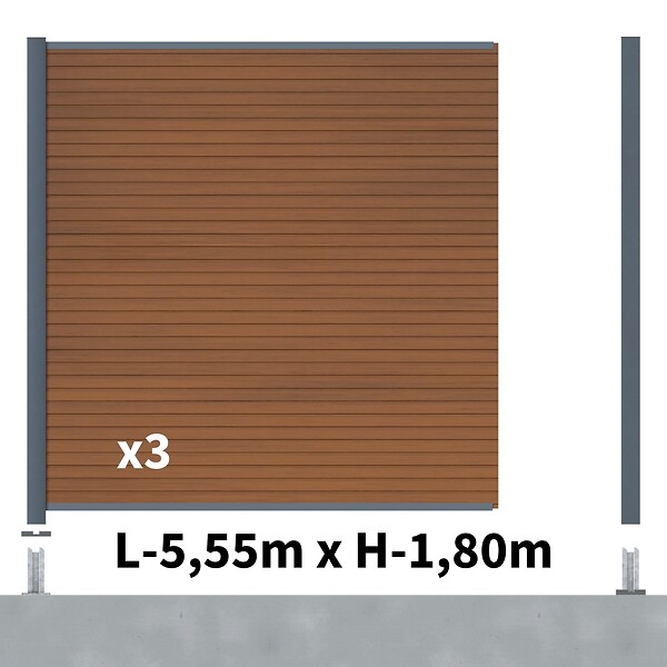 DECKLINEA - Kit Clôture Composite SANTOS Teck 5,5x1,8m - Bois composite & Aluminium - Poteaux sur Platines Gris - Brise vue - Palissade - large