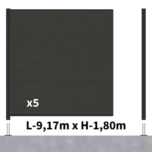 DECKLINEA - Kit Clôture Composite RIO Anthracite 9x1,8m - Bois composite & Aluminium - Poteaux sur Platines Noir - Brise vue - large