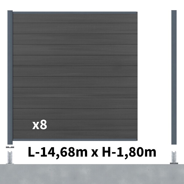 DECKLINEA - Kit Clôture Composite CRUZ Ardoise 14,5x1,8m - Bois composite & Aluminium - Poteaux sur Platines Gris - Brise vue - Palissade - large