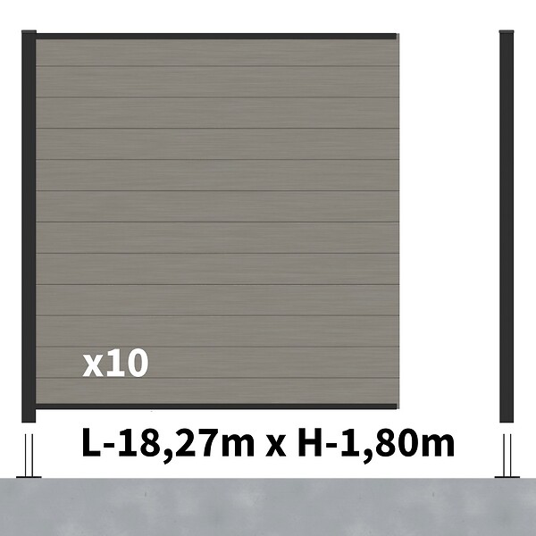 DECKLINEA - Kit Clôture Composite RIO Platines 18x1,8m - Bois composite & Aluminium - Poteaux Noir sur Platines - Brise vue - large
