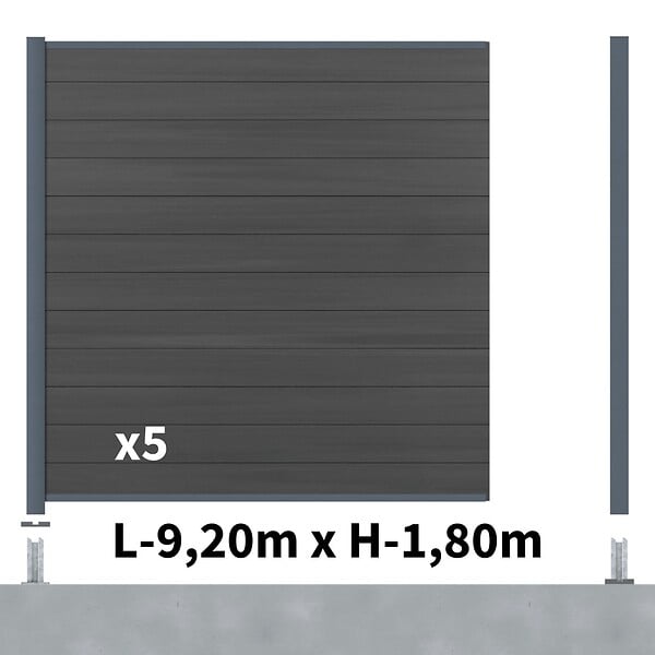 DECKLINEA - Kit Clôture Composite CRUZ Ardoise 9x1,8m - Bois composite & Aluminium - Poteaux sur Platines Gris - Brise vue - Palissade - large