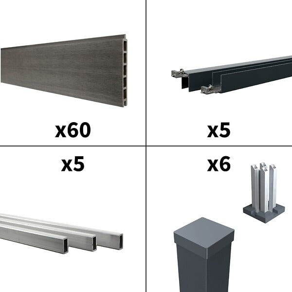 DECKLINEA - Kit Clôture Composite CRUZ Ardoise 9x1,8m - Bois composite & Aluminium - Poteaux sur Platines Gris - Brise vue - Palissade - large