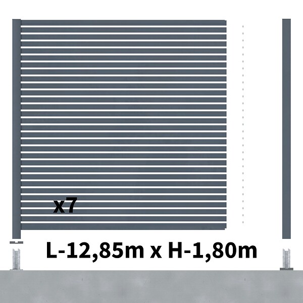 DECKLINEA - Kit Clôture Ajourée Aluminium OLINDA Anthracite 12,85x1,8m Poteaux sur Platines - Dimension des Lames : 21x45x1780 mm - Brise vue - Palissade - large