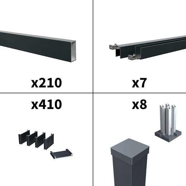 DECKLINEA - Kit Clôture Ajourée Aluminium OLINDA Anthracite 12,85x1,8m Poteaux sur Platines - Dimension des Lames : 21x45x1780 mm - Brise vue - Palissade - large