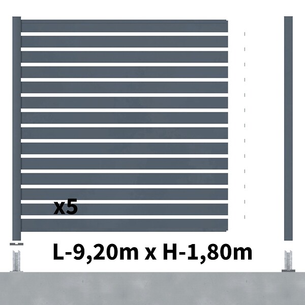 DECKLINEA - Kit Clôture Ajourée Aluminium OLINDA Anthracite 9,20x1,8m Poteaux sur Platines - Dimension des Lames : 21x100x1780 mm - Brise vue - Palissade - large