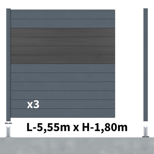 DECKLINEA - Kit Clôture Aluminium BAHIA & CRUZ Ardoise 5,5x1,8m - Aluminium et bois composite - Poteaux sur Platines gris - Brise vue - Palissade - large