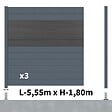 DECKLINEA - Kit Clôture Aluminium BAHIA & CRUZ Ardoise 5,5x1,8m - Aluminium et bois composite - Poteaux sur Platines gris - Brise vue - Palissade - vignette
