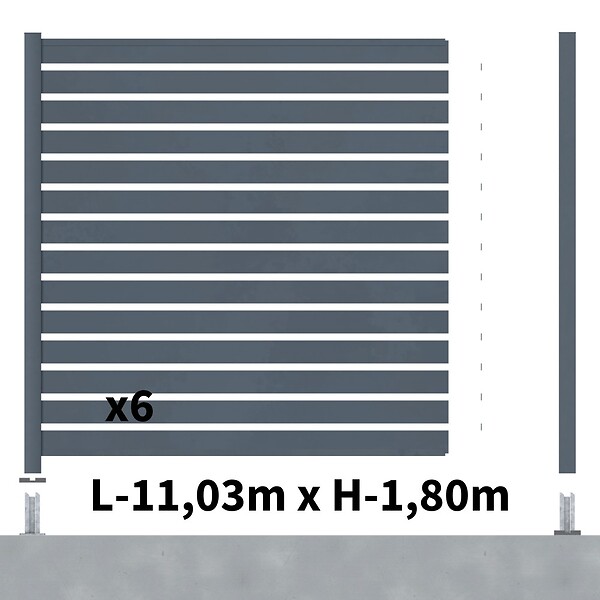 DECKLINEA - Kit Clôture Ajourée Aluminium OLINDA Anthracite 11,03x1,8m Poteaux sur Platines - Dimension des Lames : 21x100x1780 mm - Brise vue - Palissade - large