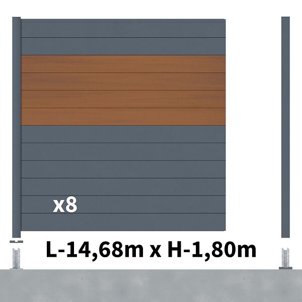 DECKLINEA - Kit Clôture Aluminium BAHIA & CRUZ Teck 14,68x1,8m - Aluminium et bois composite - Poteaux sur Platines gris - Brise vue - Palissade - large