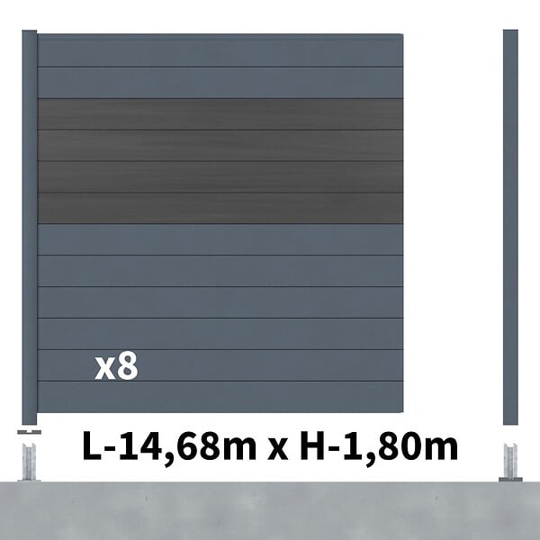 DECKLINEA - Kit Clôture Aluminium BAHIA & CRUZ Ardoise 14,68x1,8m - Aluminium et bois composite - Poteaux sur Platines gris - Brise vue - Palissade - large