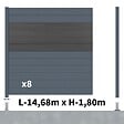 DECKLINEA - Kit Clôture Aluminium BAHIA & CRUZ Ardoise 14,68x1,8m - Aluminium et bois composite - Poteaux sur Platines gris - Brise vue - Palissade - vignette