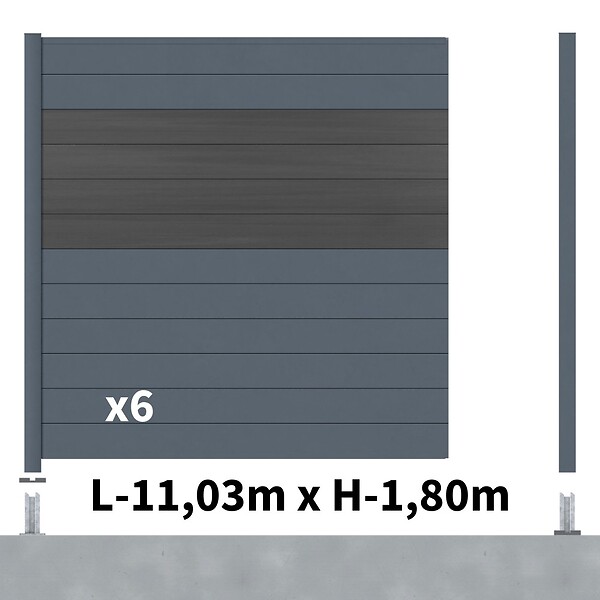 DECKLINEA - Kit Clôture Aluminium BAHIA & CRUZ Ardoise 11,03x1,8m - Aluminium et bois composite - Poteaux sur Platines gris - Brise vue - Palissade - large