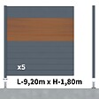 DECKLINEA - Kit Clôture Aluminium BAHIA & CRUZ Teck 9,20x1,8m - Aluminium et bois composite - Poteaux sur Platines gris - Brise vue - Palissade - vignette
