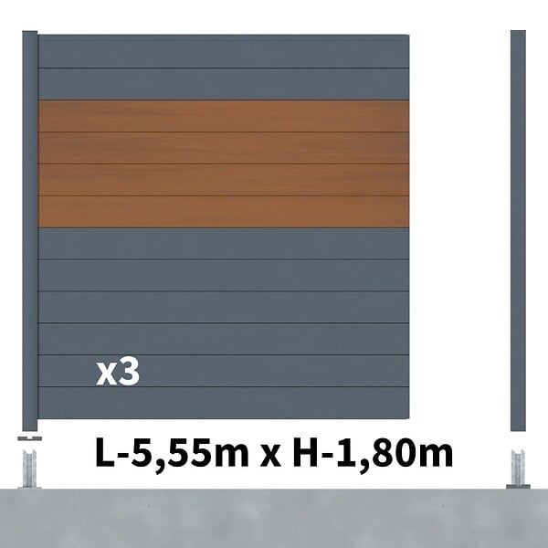DECKLINEA - Kit Clôture Aluminium BAHIA & CRUZ Teck 5,5x1,8m - Aluminium et bois composite - Poteaux sur Platines gris - Brise vue - Palissade - large