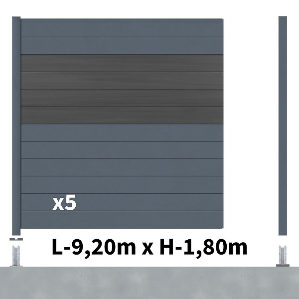 DECKLINEA - Kit Clôture Aluminium BAHIA & CRUZ Ardoise 9,20x1,8m - Aluminium et bois composite - Poteaux sur Platines gris - Brise vue - Palissade - large