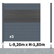 DECKLINEA - Kit Clôture Aluminium BAHIA & CRUZ Ardoise 9,20x1,8m - Aluminium et bois composite - Poteaux sur Platines gris - Brise vue - Palissade - vignette