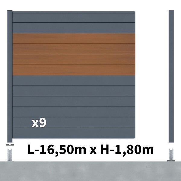 DECKLINEA - Kit Clôture Aluminium BAHIA & CRUZ Teck 16,5x1,8m - Aluminium et bois composite - Poteaux sur Platines gris - Brise vue - Palissade - large