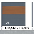 DECKLINEA - Kit Clôture Aluminium BAHIA & CRUZ Teck 16,5x1,8m - Aluminium et bois composite - Poteaux sur Platines gris - Brise vue - Palissade - vignette