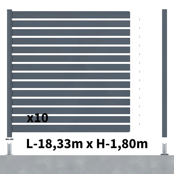 DECKLINEA - Kit Clôture Ajourée Aluminium OLINDA Anthracite 18,33x1,8m Poteaux sur Platines - Dimension des Lames : 21x100x1780 mm - Brise vue - Palissade - large