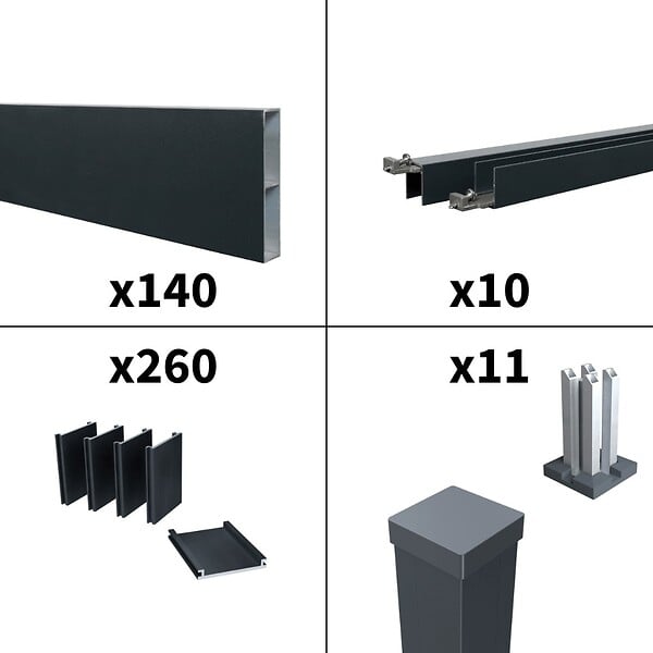 DECKLINEA - Kit Clôture Ajourée Aluminium OLINDA Anthracite 18,33x1,8m Poteaux sur Platines - Dimension des Lames : 21x100x1780 mm - Brise vue - Palissade - large