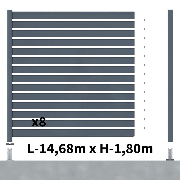 DECKLINEA - Kit Clôture Ajourée Aluminium OLINDA Anthracite 14,68x1,8m Poteaux sur Platines - Dimension des Lames : 21x100x1780 mm - Brise vue - Palissade - large