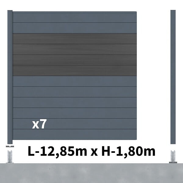 DECKLINEA - Kit Clôture Aluminium BAHIA & CRUZ Ardoise 12,85x1,8m - Aluminium et bois composite - Poteaux sur Platines gris - Brise vue - Palissade - large