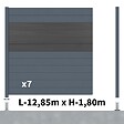 DECKLINEA - Kit Clôture Aluminium BAHIA & CRUZ Ardoise 12,85x1,8m - Aluminium et bois composite - Poteaux sur Platines gris - Brise vue - Palissade - vignette