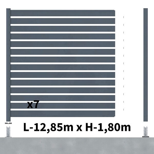 DECKLINEA - Kit Clôture Ajourée Aluminium OLINDA Anthracite 12,85x1,8m Poteaux sur Platines - Dimension des Lames : 21x100x1780 mm - Brise vue - Palissade - large
