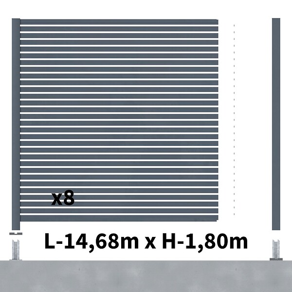 DECKLINEA - Kit Clôture Ajourée Aluminium OLINDA Anthracite 14,68x1,8m Poteaux sur Platines - Dimension des Lames : 21x45x1780 mm - Brise vue - Palissade - large