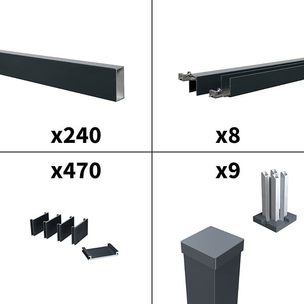 DECKLINEA - Kit Clôture Ajourée Aluminium OLINDA Anthracite 14,68x1,8m Poteaux sur Platines - Dimension des Lames : 21x45x1780 mm - Brise vue - Palissade - large
