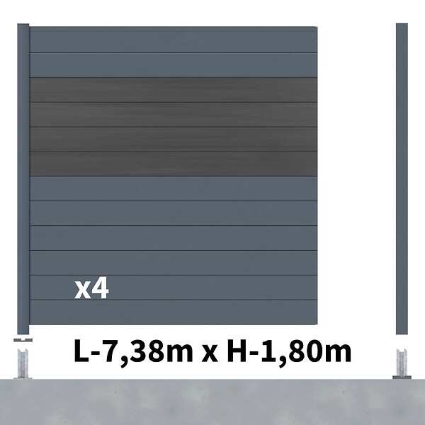 DECKLINEA - Kit Clôture Aluminium BAHIA & CRUZ Ardoise 7,38x1,8m - Aluminium et bois composite - Poteaux sur Platines gris - Brise vue - Palissade - large