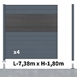 DECKLINEA - Kit Clôture Aluminium BAHIA & CRUZ Ardoise 7,38x1,8m - Aluminium et bois composite - Poteaux sur Platines gris - Brise vue - Palissade - vignette