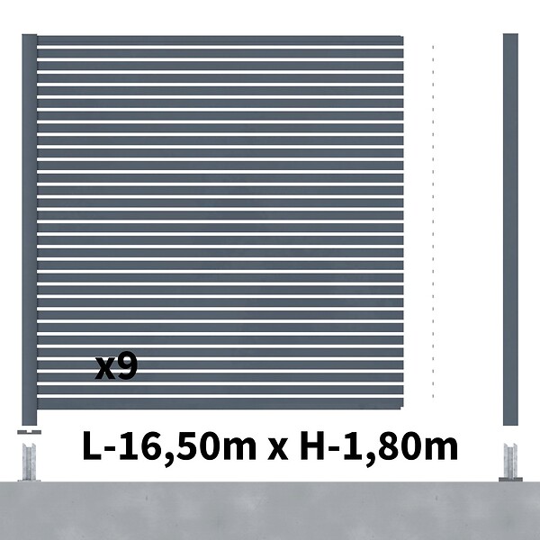 DECKLINEA - Kit Clôture Ajourée Aluminium OLINDA Anthracite 16,5x1,8m Poteaux sur Platines - Dimension des Lames : 21x45x1780 mm - Brise vue - Palissade - large
